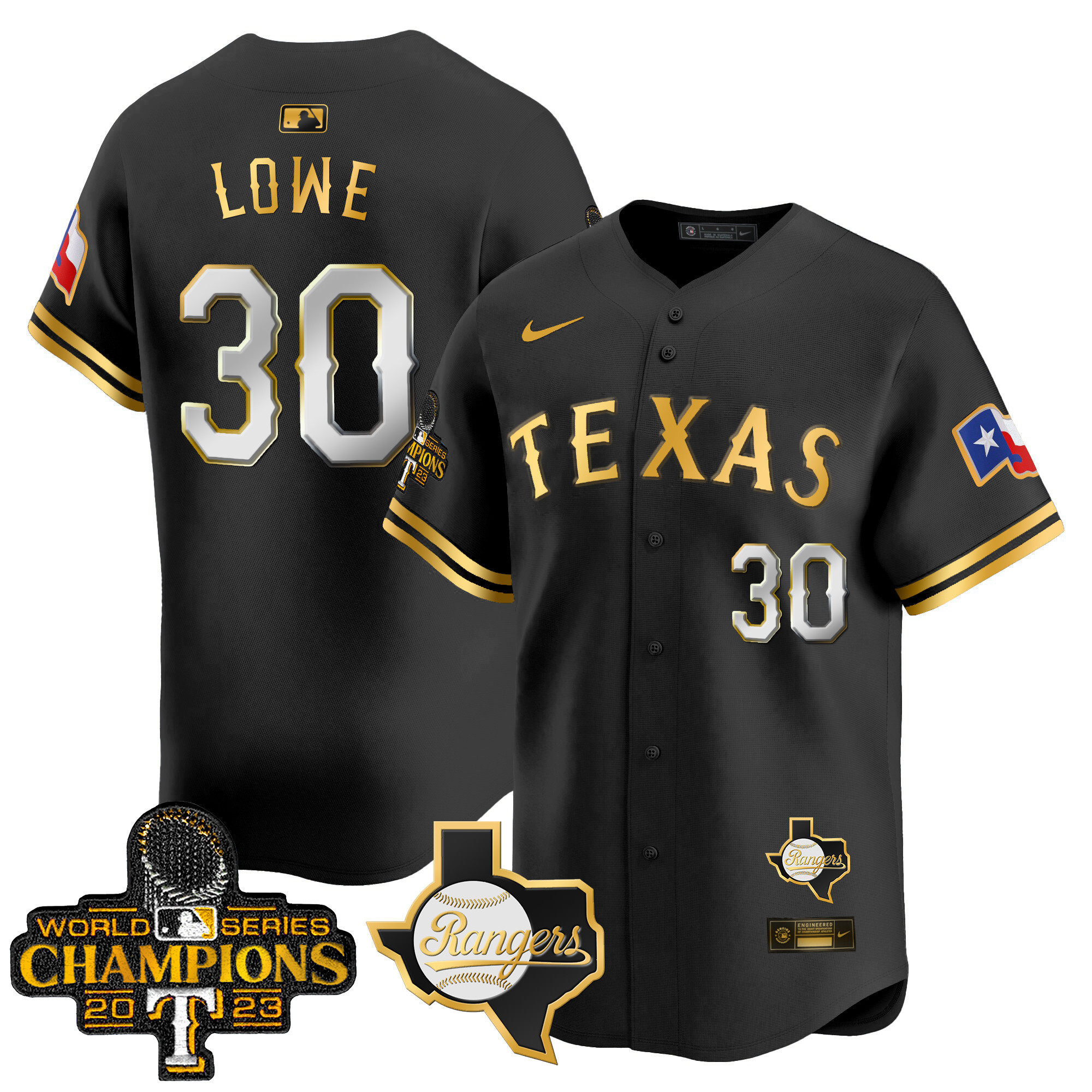 Nathaniel Lowe Men's Texas Rangers World Series Champions Vapor Premier Limited V2 Black Gold Jersey - All Stitched