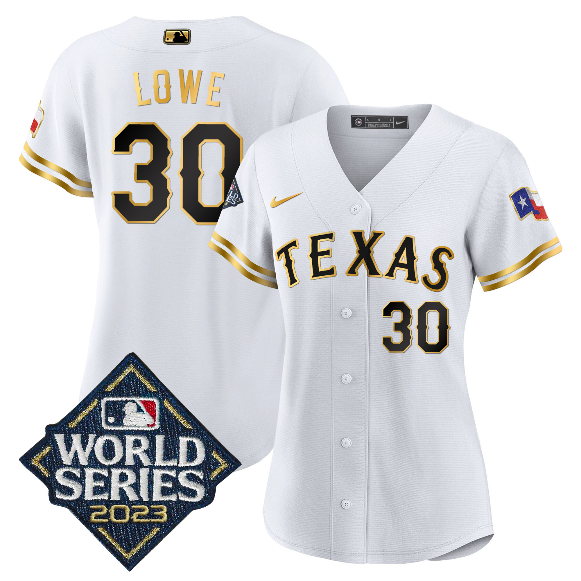 Nathaniel Lowe Women's Texas Rangers 2023 World Series Baseball White Gold Jersey - All Stitched