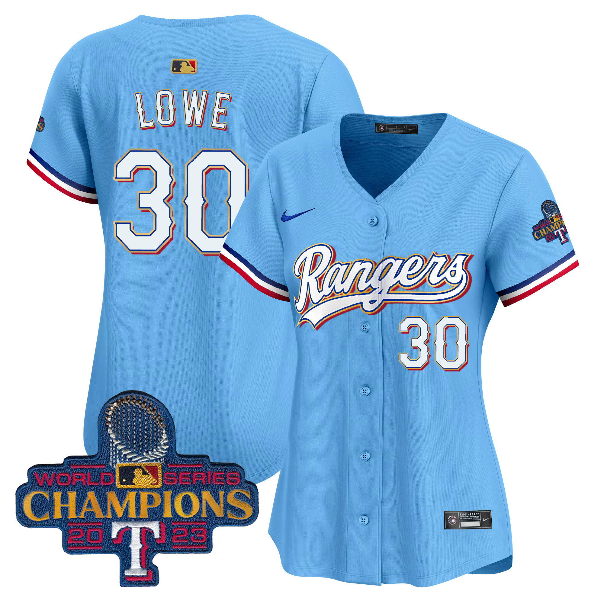 Nathaniel Lowe Women's Texas Rangers 2023 World Series Champions Gold Trim Vapor Premier Limited Blue Jersey - All Stitched