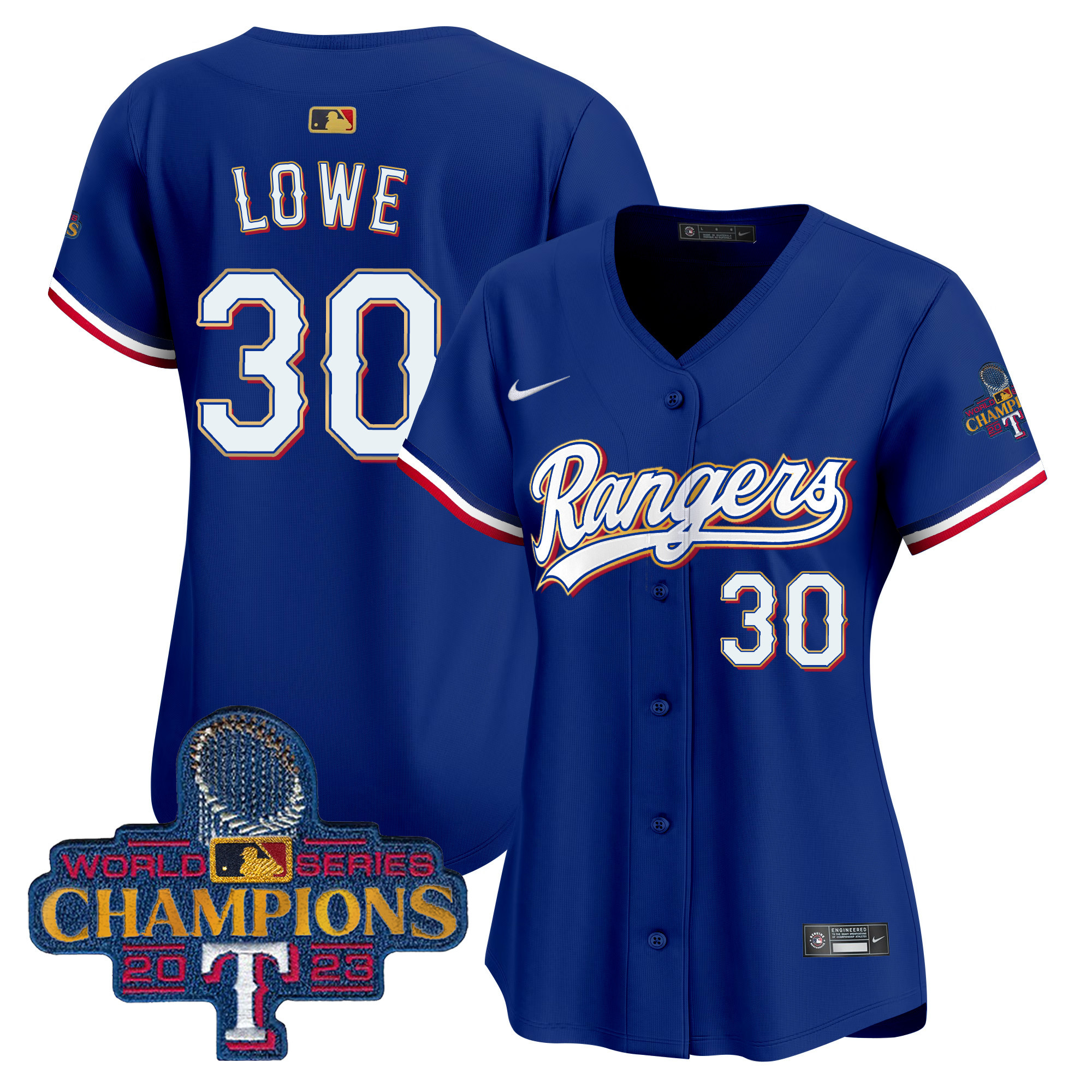 Nathaniel Lowe Women's Texas Rangers 2023 World Series Champions Gold Trim Vapor Premier Limited Royal Jersey - All Stitched
