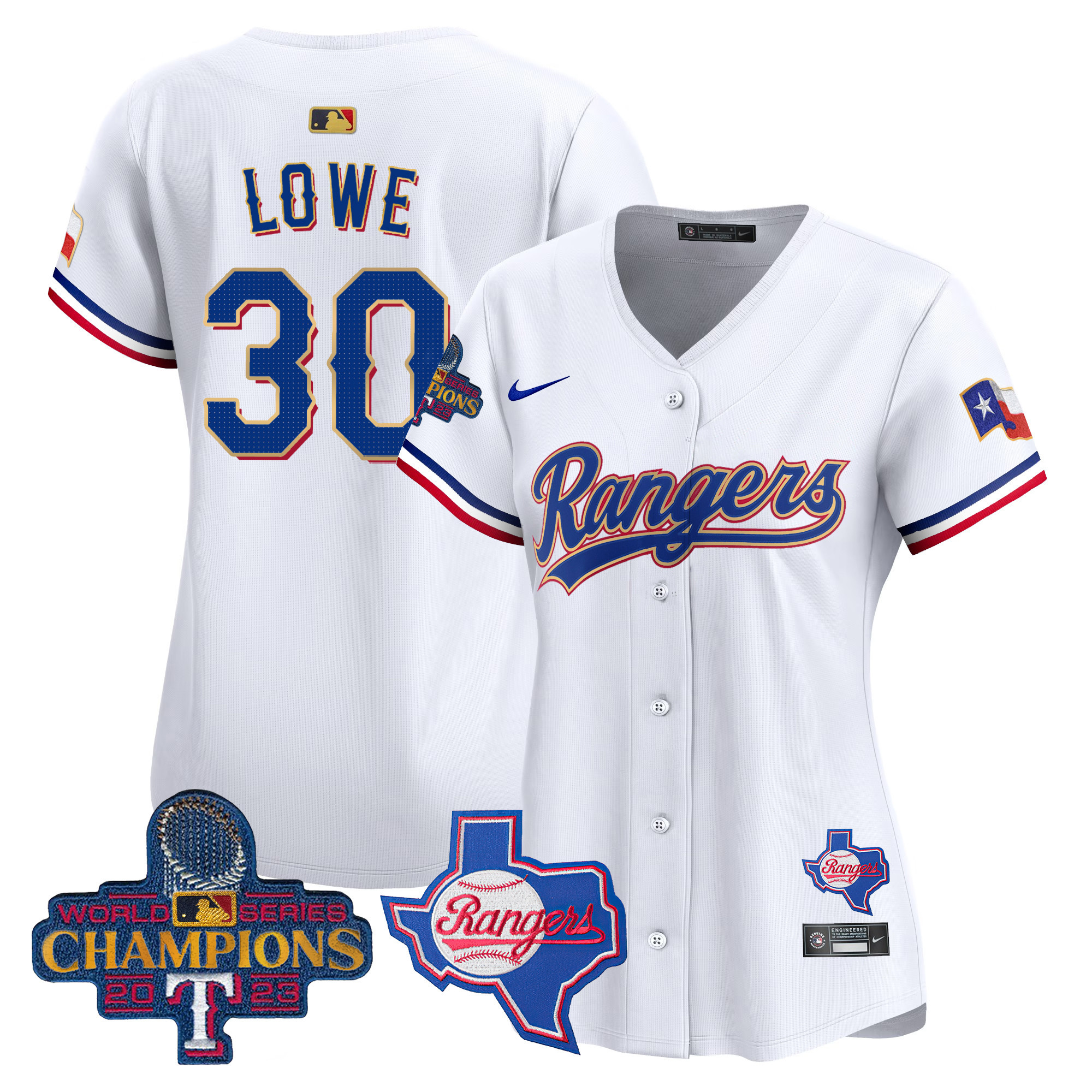 Nathaniel Lowe Women's Texas Rangers 2023 World Series Champions Gold Trim Vapor Premier Limited V2 White Jersey - All Stitched