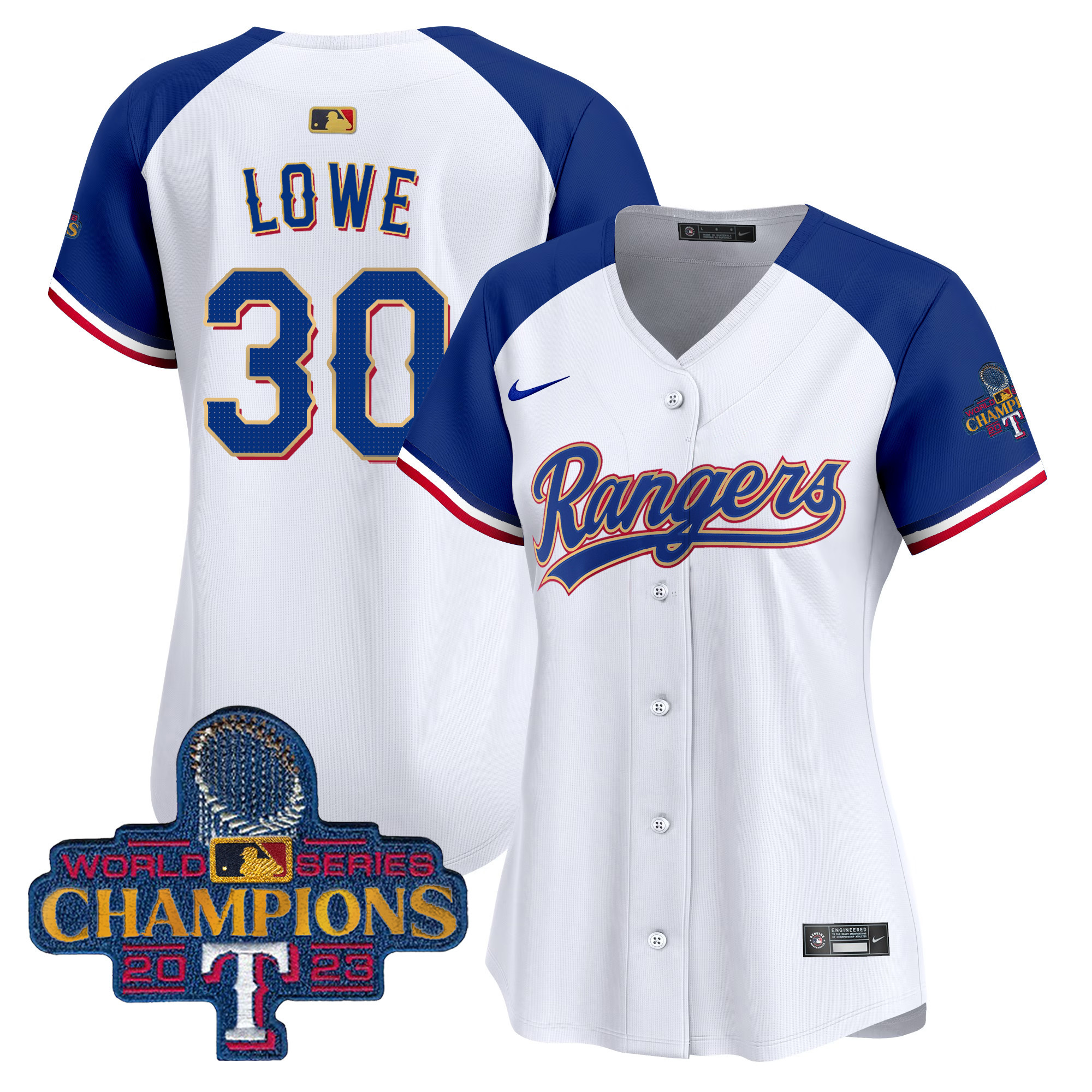 Nathaniel Lowe Women's Texas Rangers 2023 World Series Champions Gold Trim Vapor Premier Limited White Alternate Jersey - All Stitched