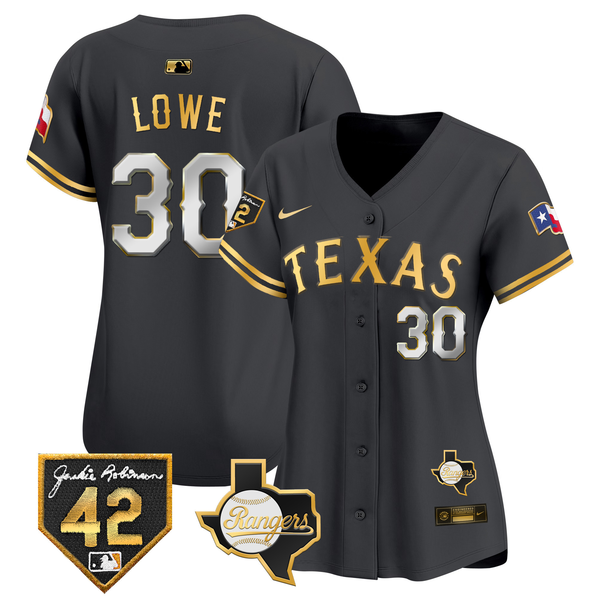 Nathaniel Lowe Women's Texas Rangers 2024 Jackie Robinson Patch Vapor Premier Limited Black Gold Jersey - All Stitched
