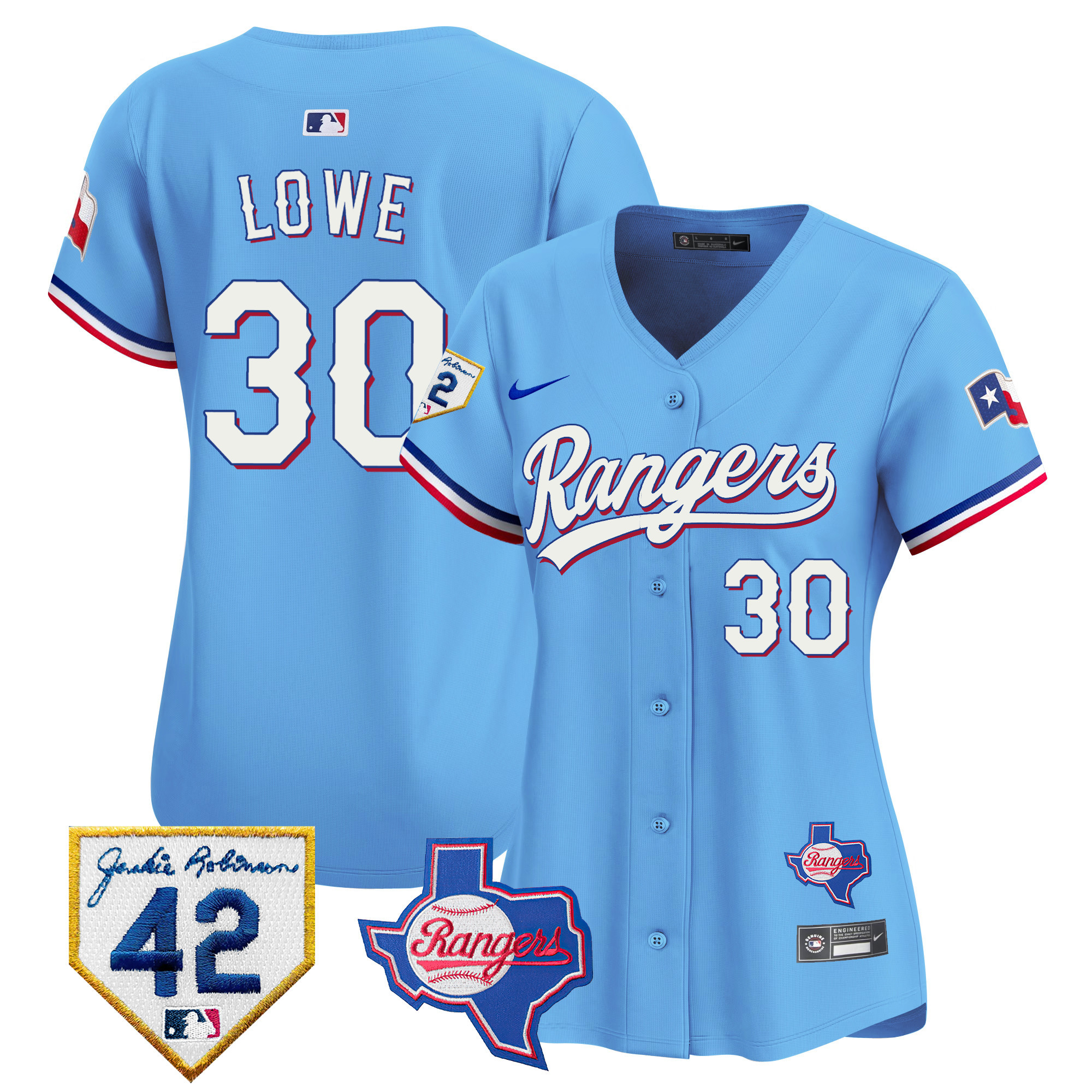 Nathaniel Lowe Women's Texas Rangers 2024 Jackie Robinson Patch Vapor Premier Limited Blue Jersey - All Stitched