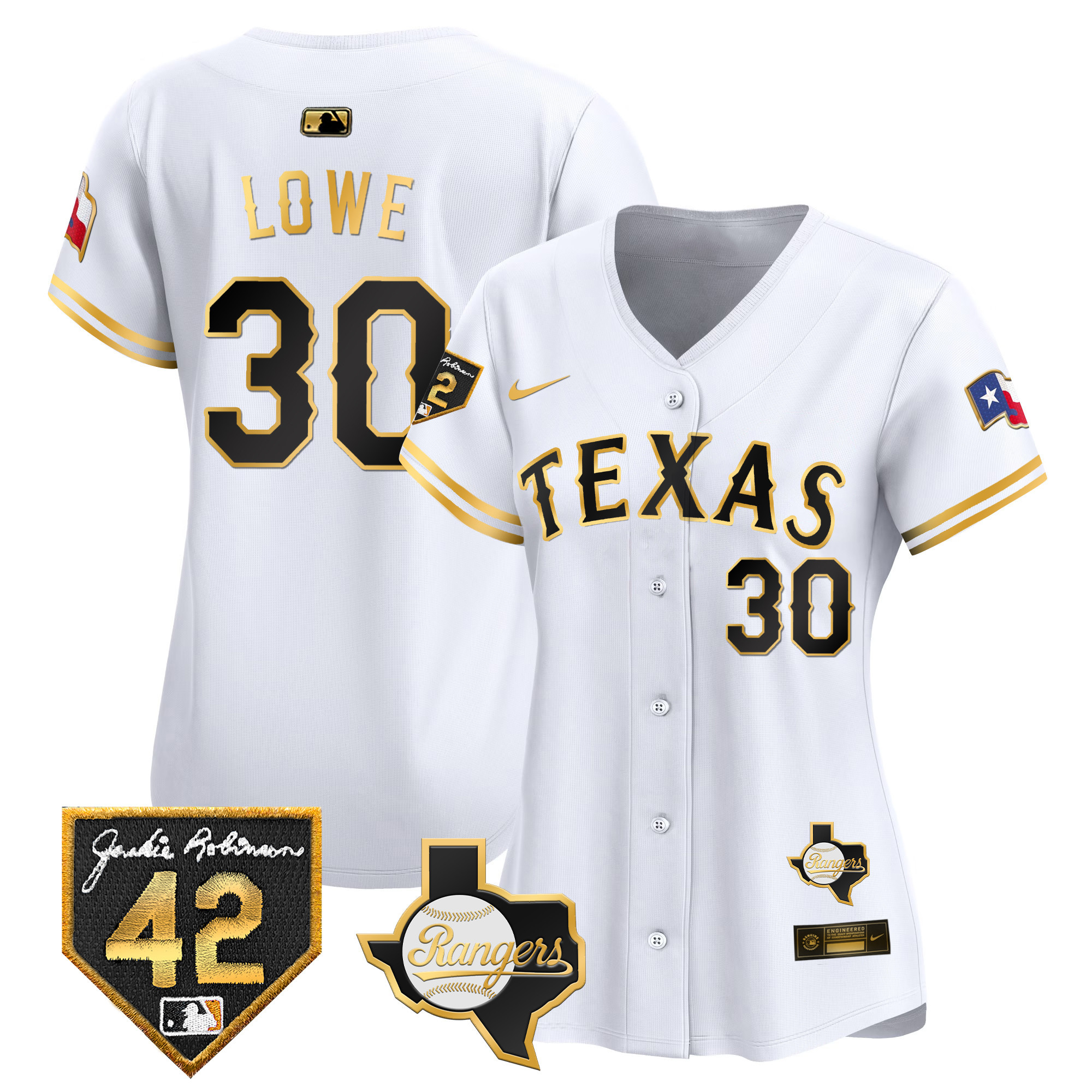 Nathaniel Lowe Women's Texas Rangers 2024 Jackie Robinson Patch Vapor Premier Limited White Gold Jersey - All Stitched