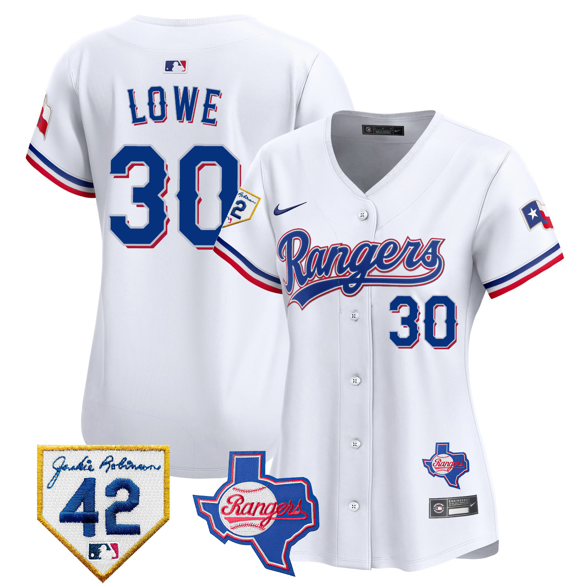 Nathaniel Lowe Women's Texas Rangers 2024 Jackie Robinson Patch Vapor Premier Limited White Jersey - All Stitched