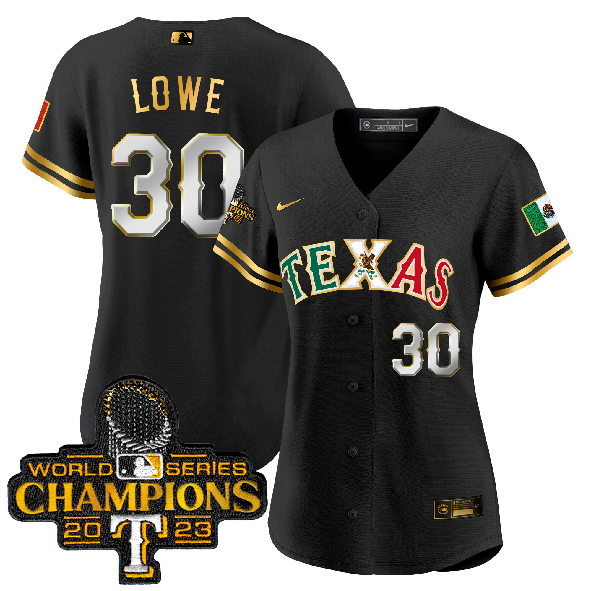 Nathaniel Lowe Women's Texas Rangers Mexico 2023 World Series Champions Baseball Black Gold Jersey - All Stitched