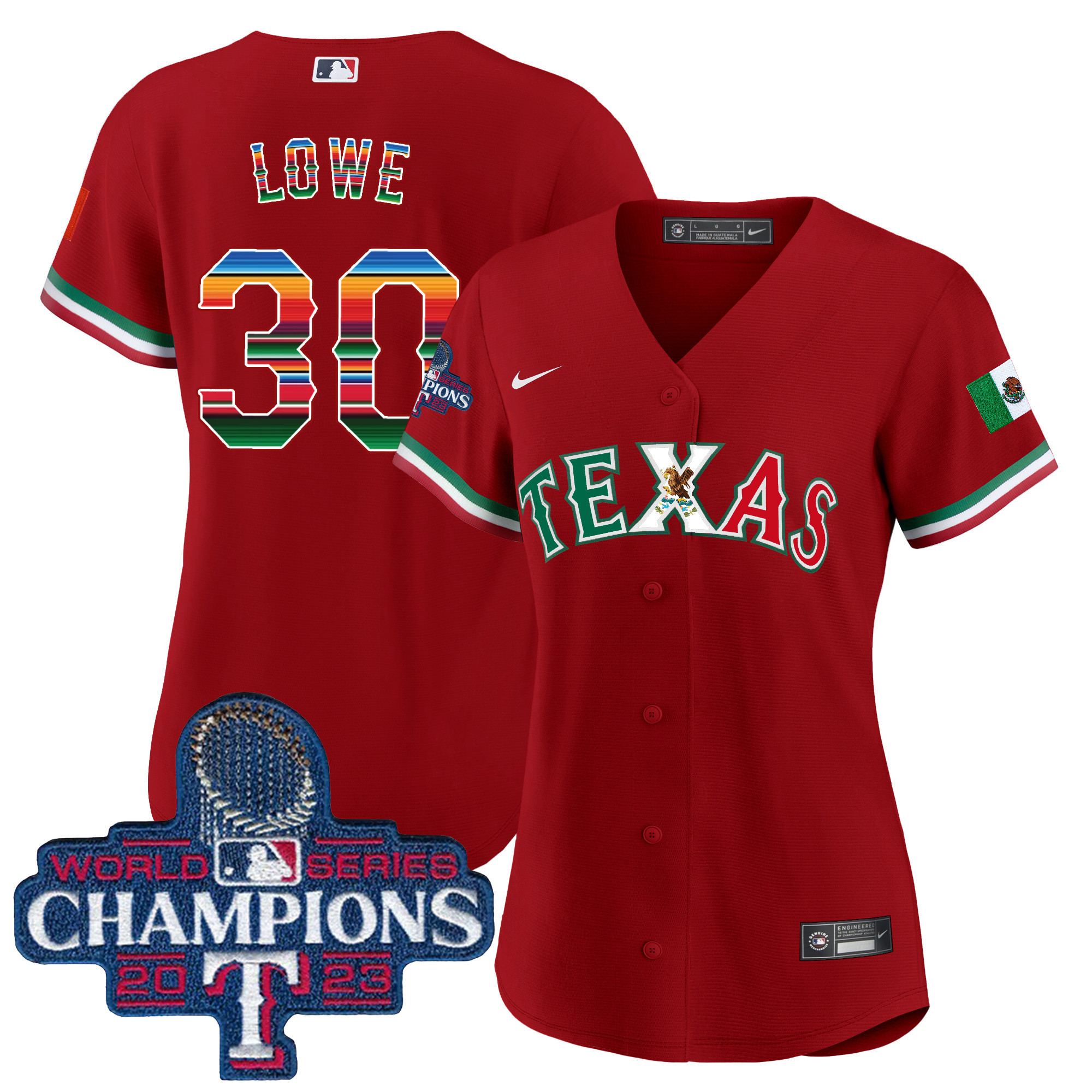 Nathaniel Lowe Women's Texas Rangers Mexico 2023 World Series Champions Baseball V2 Red Jersey - All Stitched