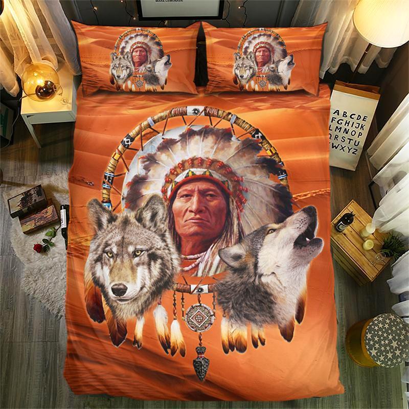 Native Chief And Wolf 3D Customized Duvet Cover Bedding Set