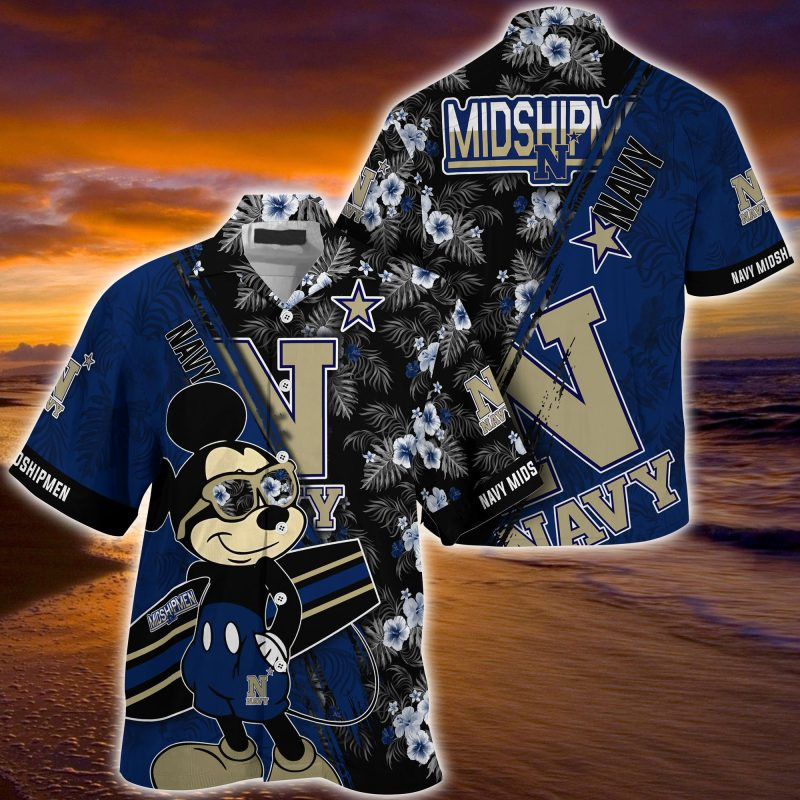 Navy Midshipmen NCAA Summer Hawaiian Shirt Mickey And Floral Pattern