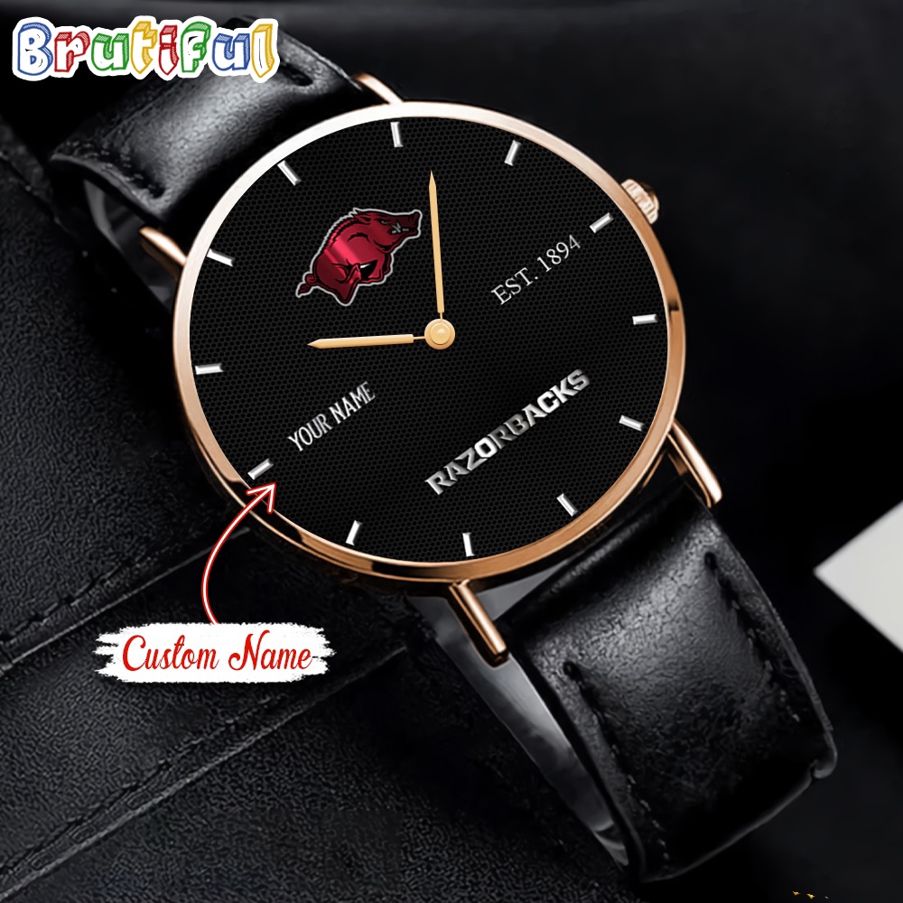 NCAA Arkansas Razorbacks Custom Name Black Stitched Leather Watch