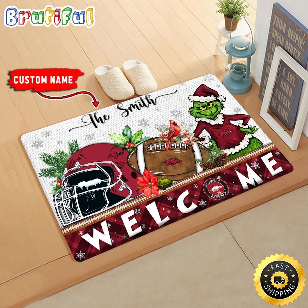 NCAA Arkansas Razorbacks Doormat Grinch Christmas Welcome Custom Name Football Doormat