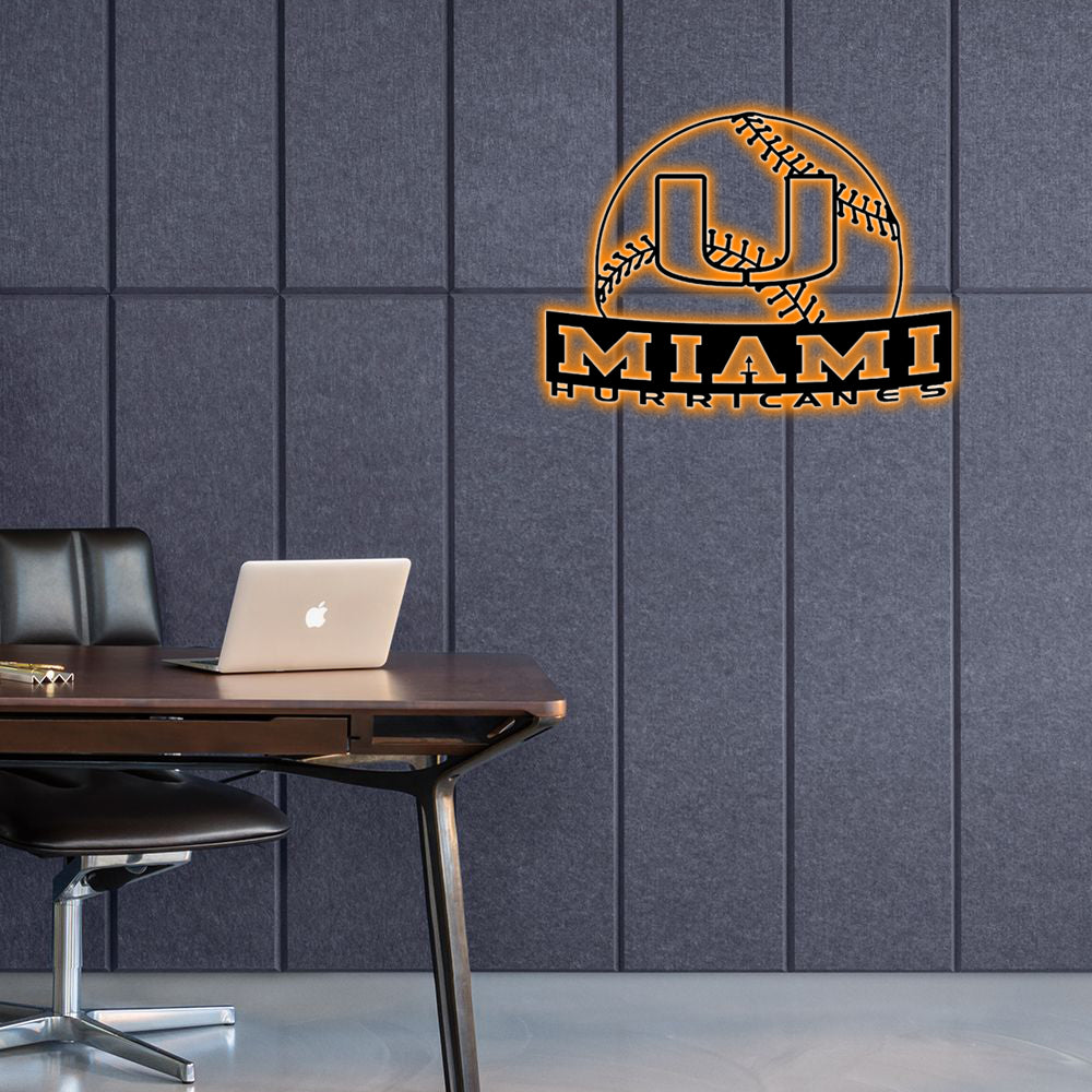 NCAA Baseball Miami Hurricanes Logo RGB Led Lights Metal Wall Art