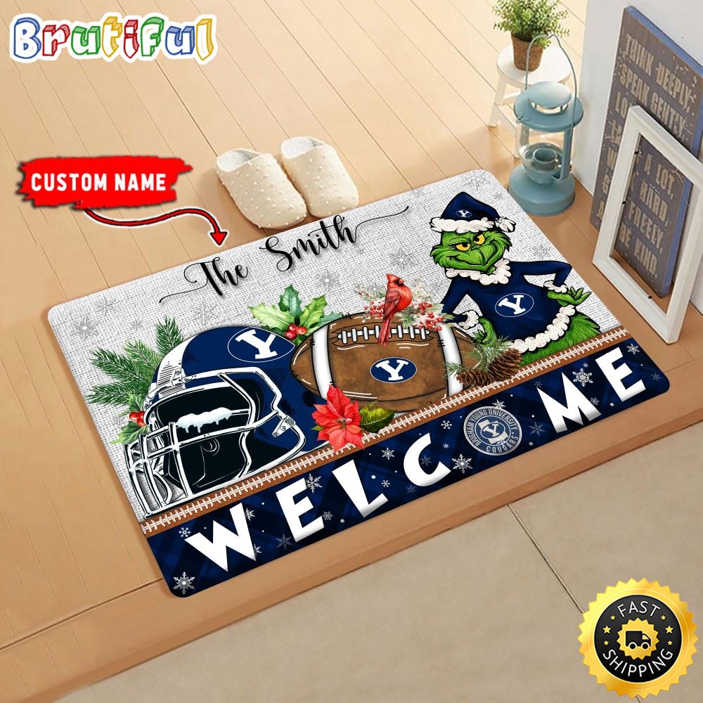 NCAA BYU Doormat Grinch Christmas Welcome Custom Name Football Doormat