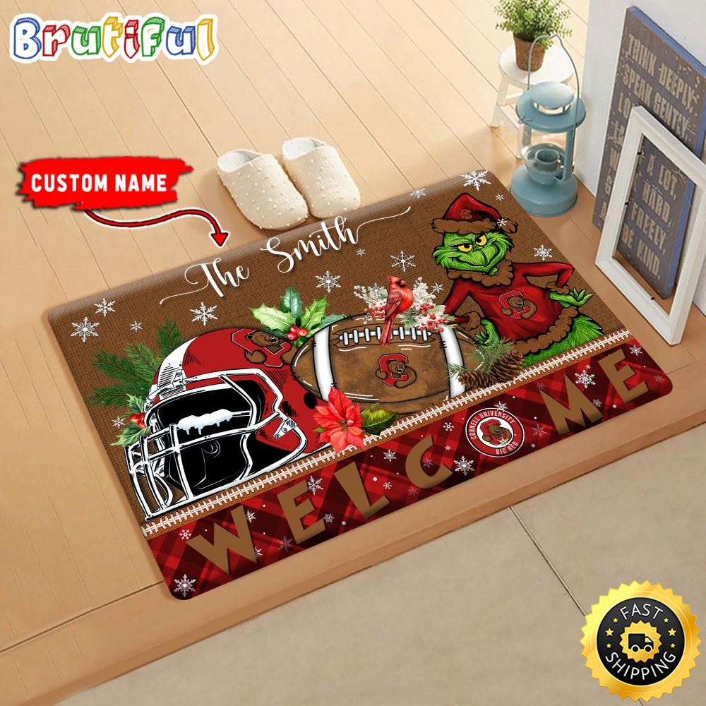 NCAA Cornell Big Red Doormat Grinch Christmas Welcome Custom Name Football Doormat