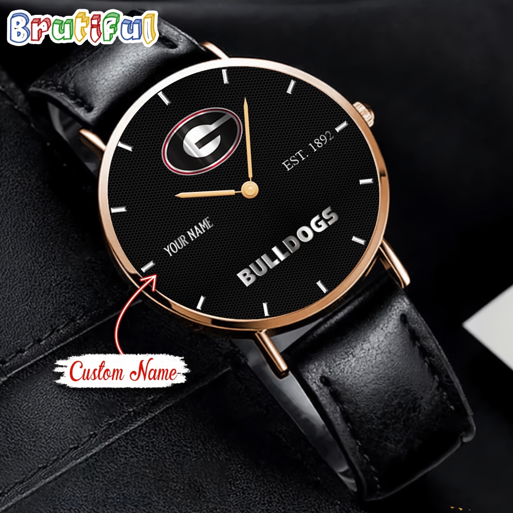 NCAA Georgia Bulldogs Custom Name Black Stitched Leather Watch