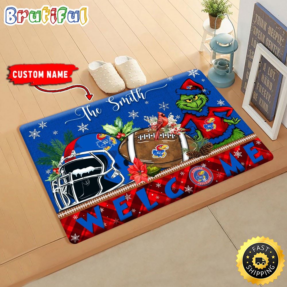 NCAA Kansas Jayhawks Doormat Grinch Christmas Welcome Custom Name Football Doormat