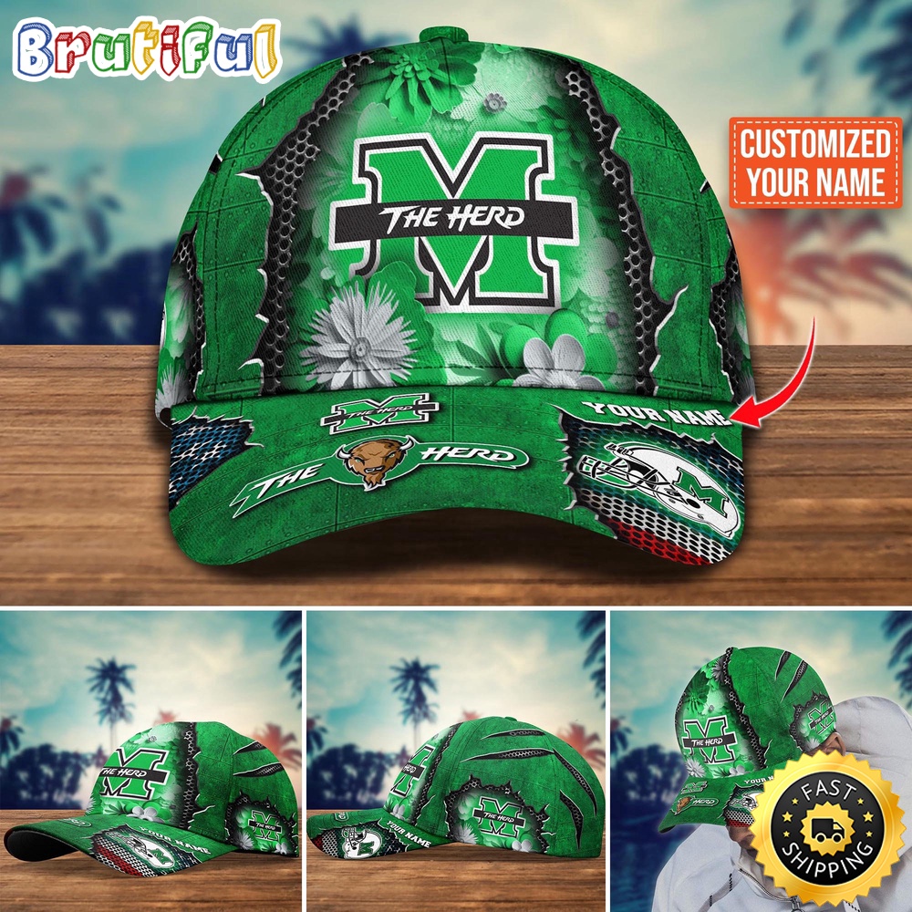 NCAA Marshall Thundering Herd Baseball Cap Flag Flower Custom Name Cap