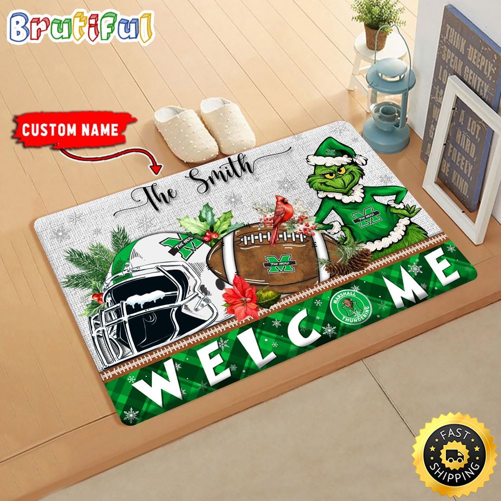 NCAA Marshall Thundering Herd Doormat Grinch Christmas Welcome Custom Name Football Doormat