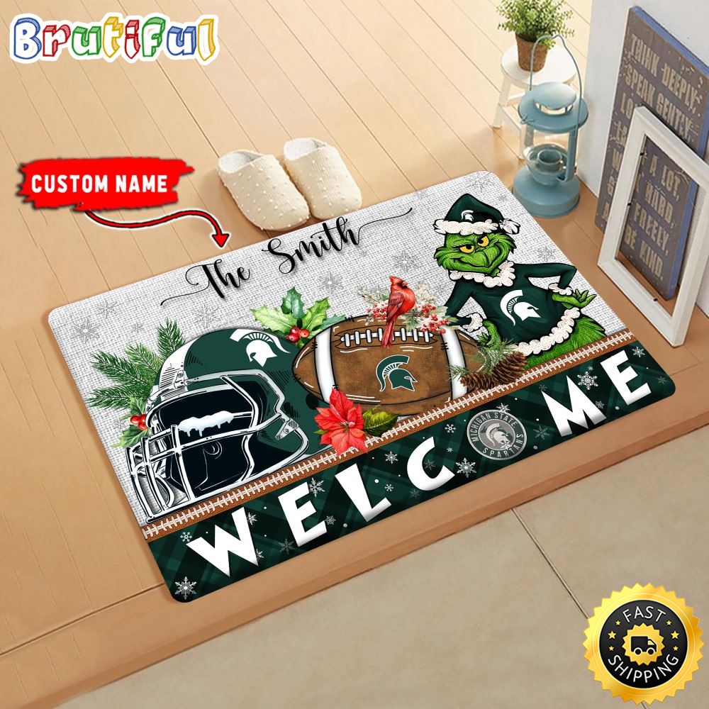 NCAA Michigan State Spartans Doormat Grinch Christmas Welcome Custom Name Football Doormat