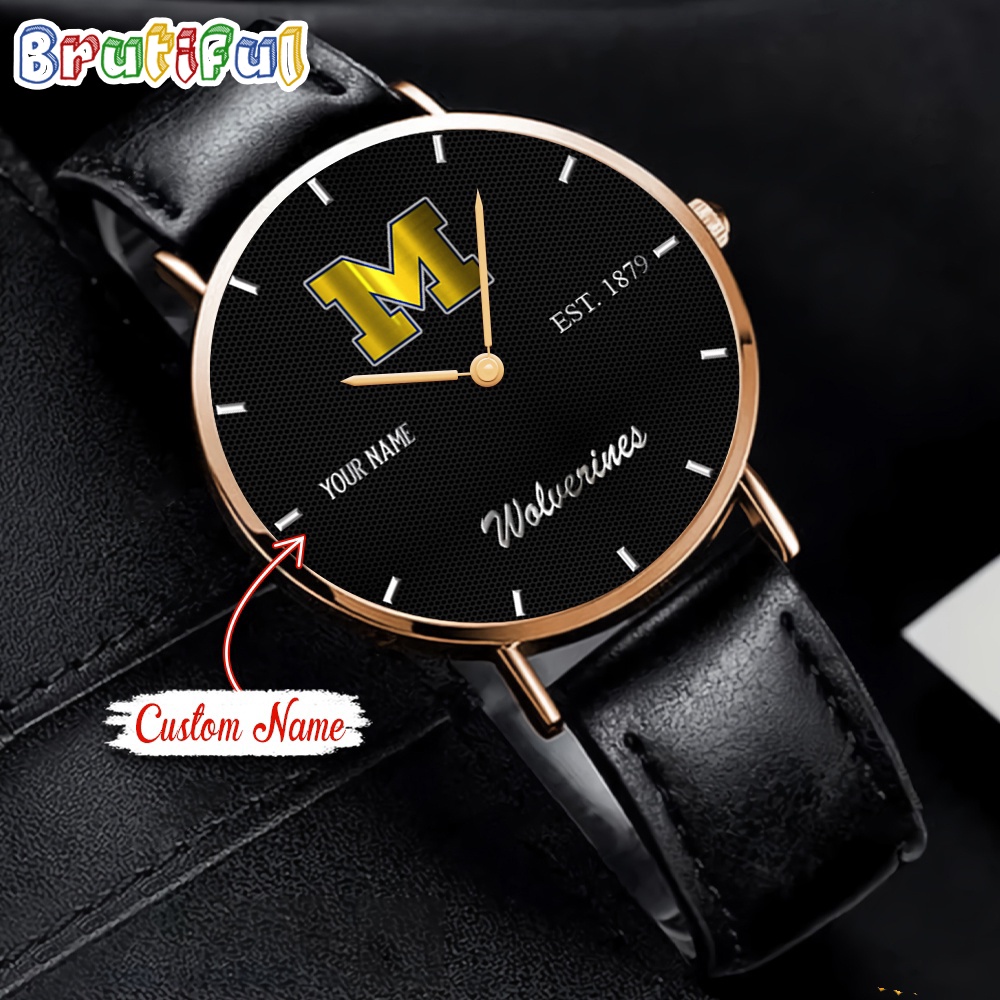 NCAA Michigan Wolverines Custom Name Black Stitched Leather Watch