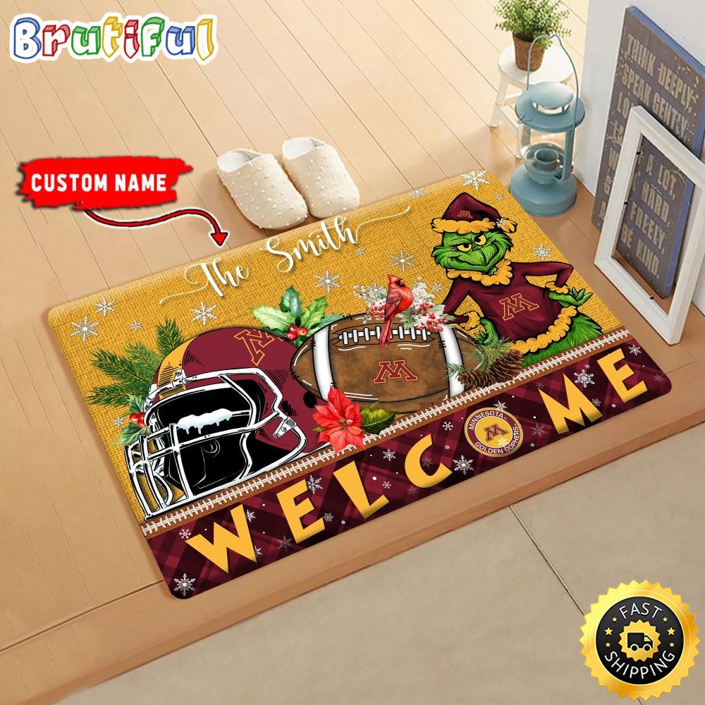 NCAA Minnesota Golden Gophers Doormat Grinch Christmas Welcome Custom Name Football Doormat