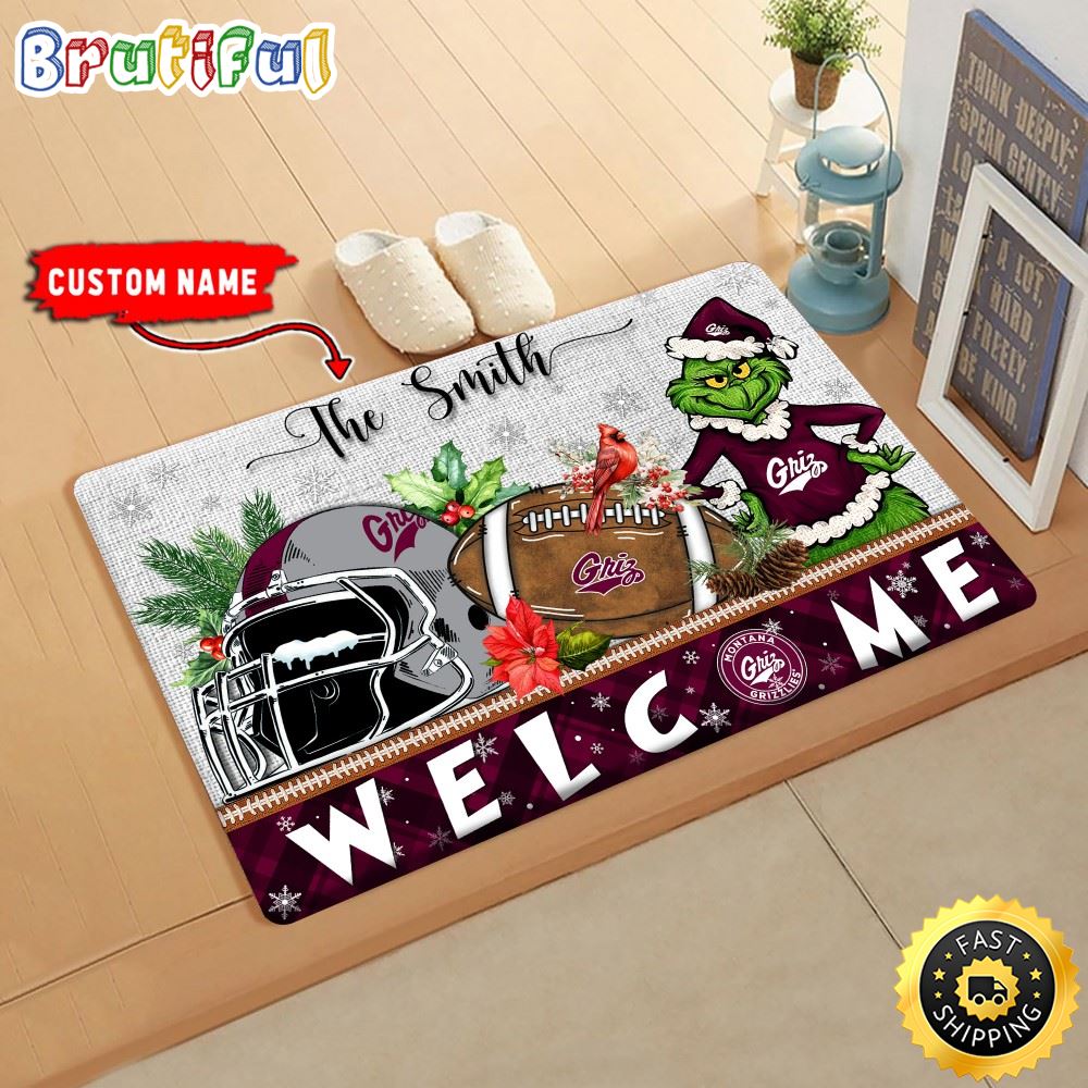 NCAA Montana Grizzlies Doormat Grinch Christmas Welcome Custom Name Football Doormat