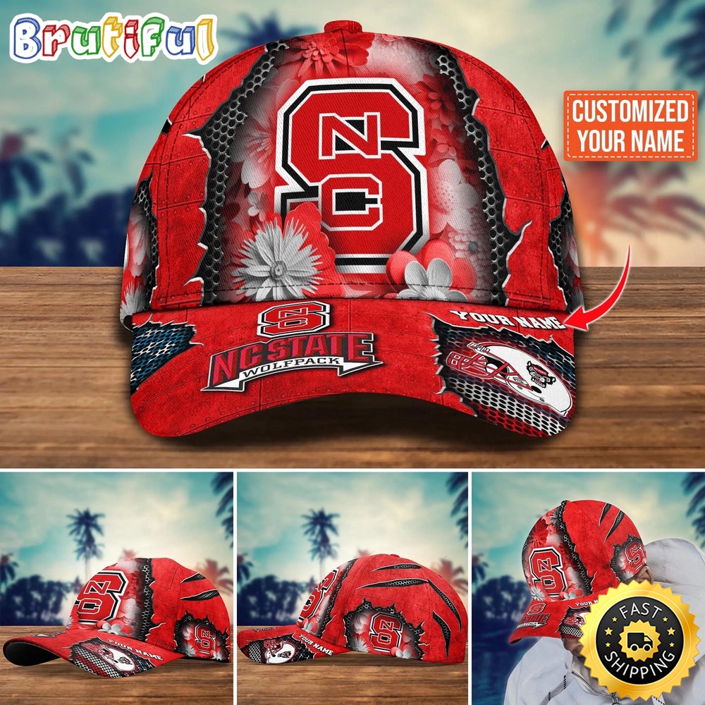 NCAA NC State Wolfpack Baseball Cap Flag Flower Custom Name Cap