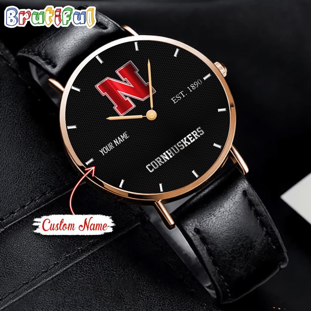 NCAA Nebraska Cornhuskers Custom Name Black Stitched Leather Watch