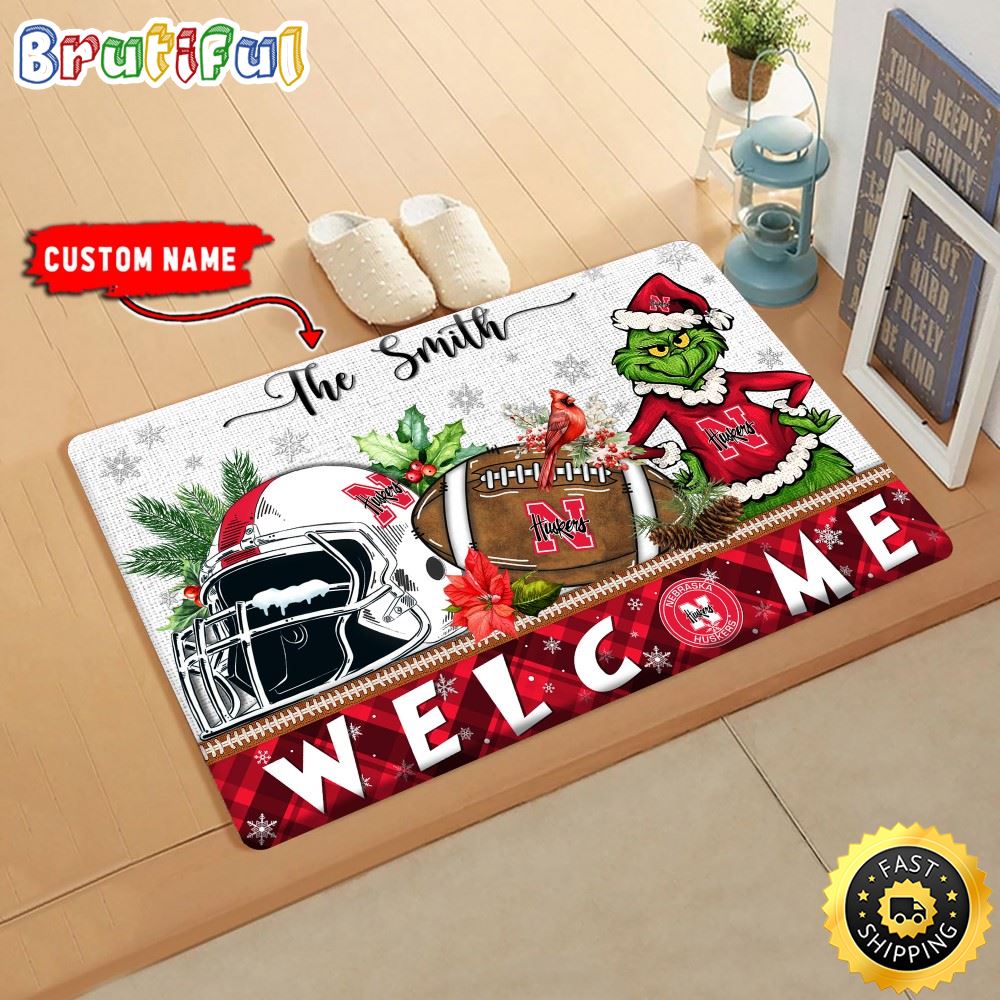 NCAA Nebraska Cornhuskers Doormat Grinch Christmas Welcome Custom Name Football Doormat