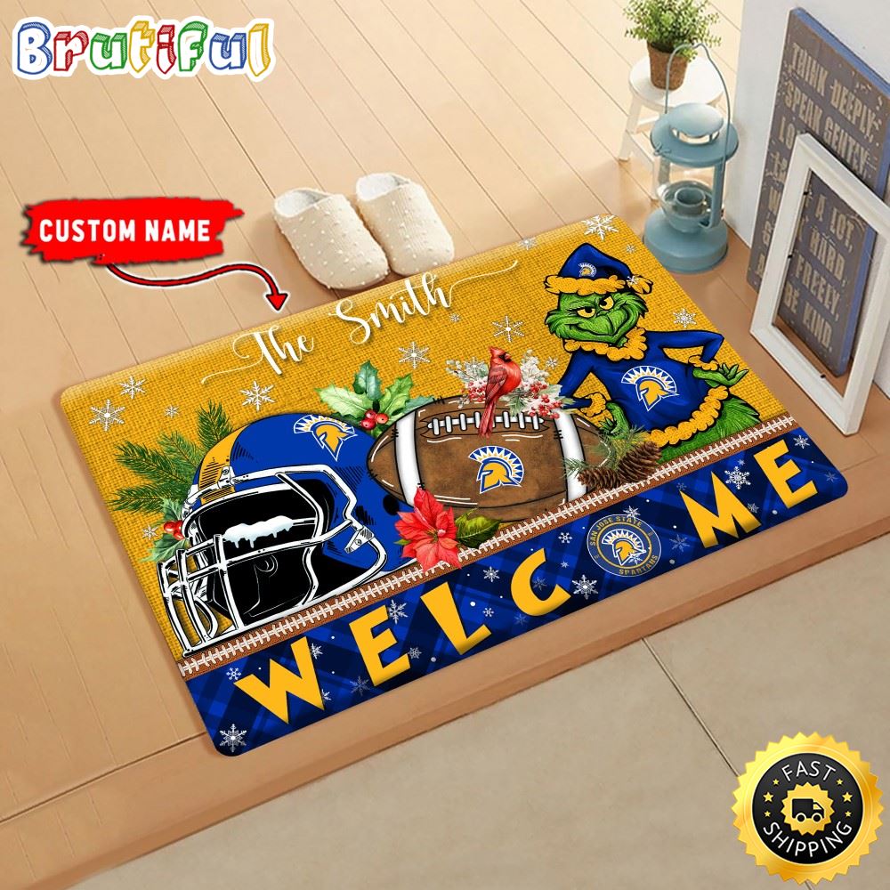 NCAA San Jose State Spartans Doormat Grinch Christmas Welcome Custom Name Football Doormat