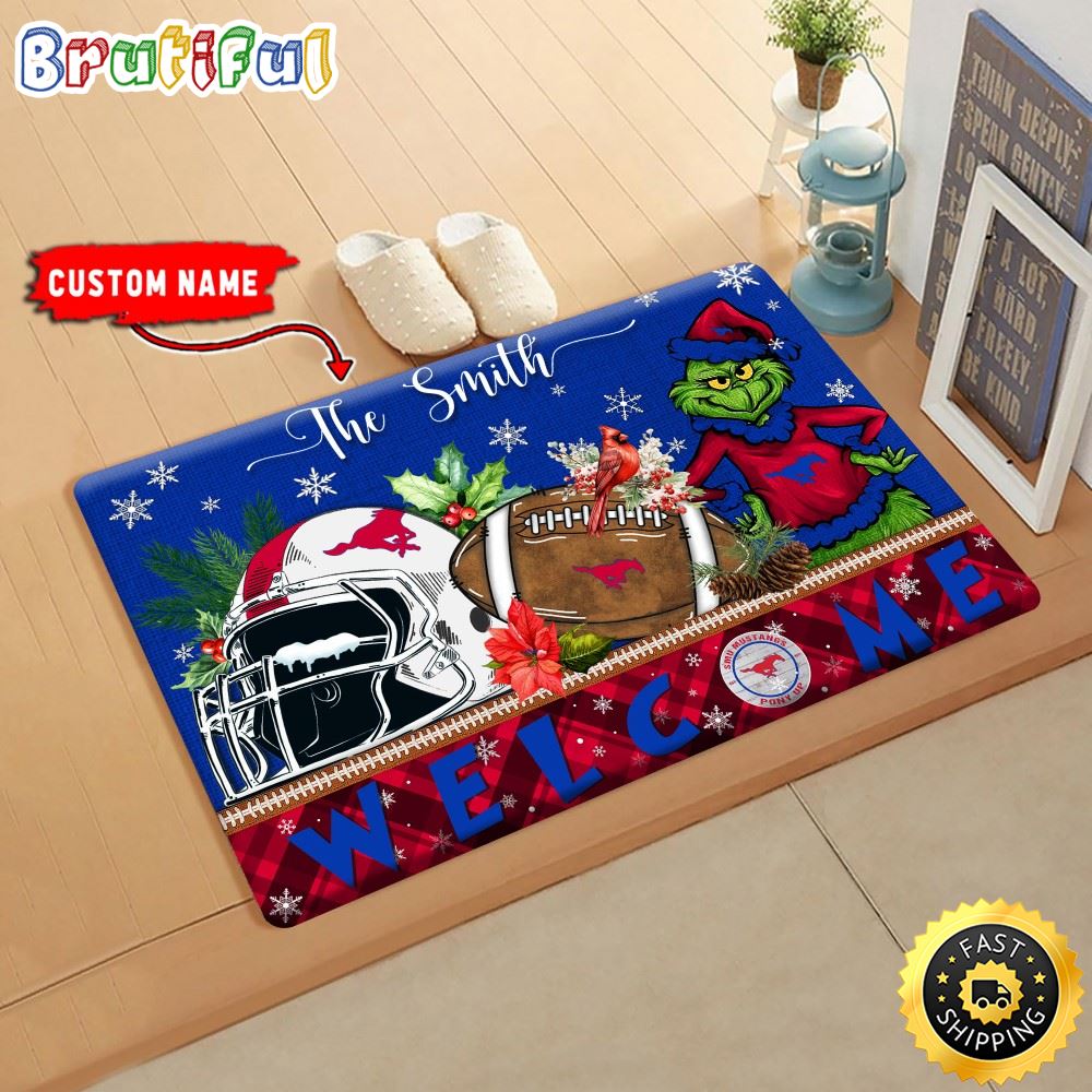 NCAA SMU Mustangs Doormat Grinch Christmas Welcome Custom Name Football Doormat