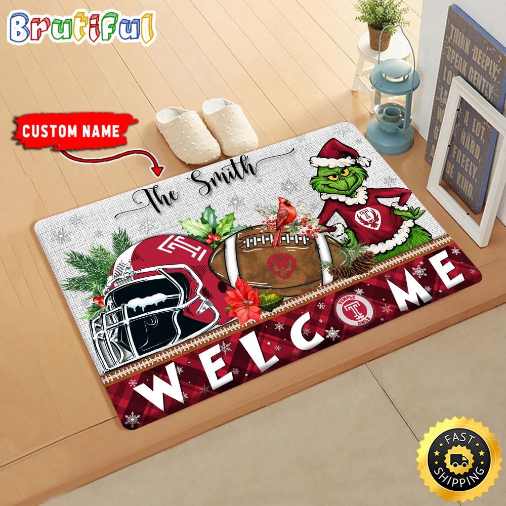 NCAA Temple Owls Doormat Grinch Christmas Welcome Custom Name Football Doormat