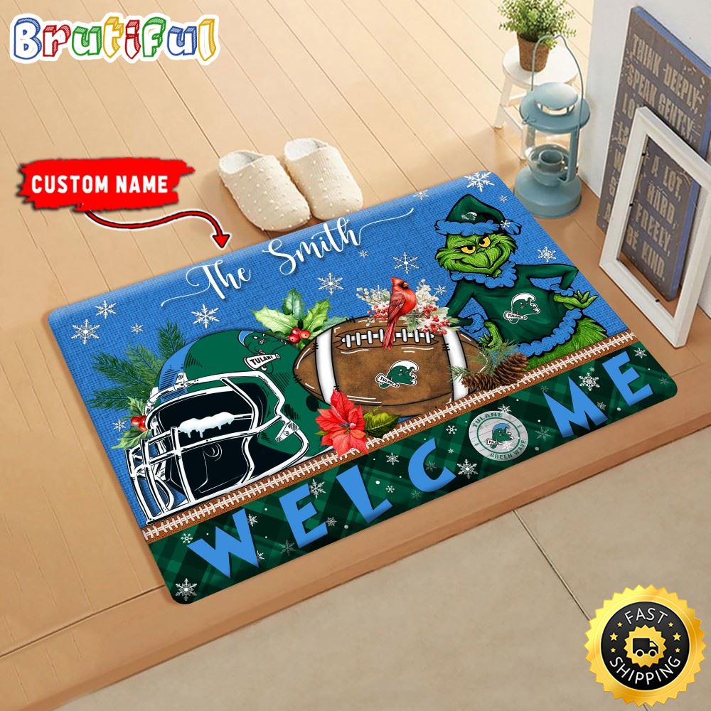 NCAA Tulane Green Wave Doormat Grinch Christmas Welcome Custom Name Football Doormat