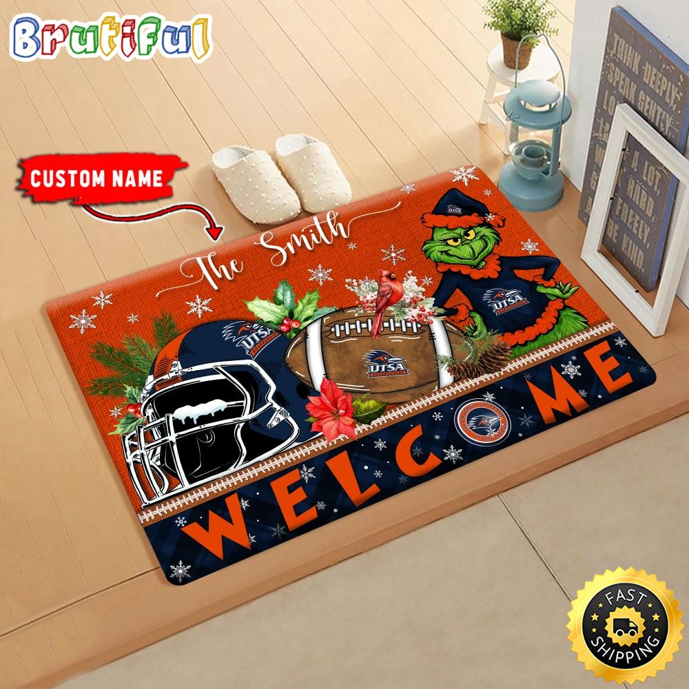 NCAA UTSA Roadrunners Doormat Grinch Christmas Welcome Custom Name Football Doormat