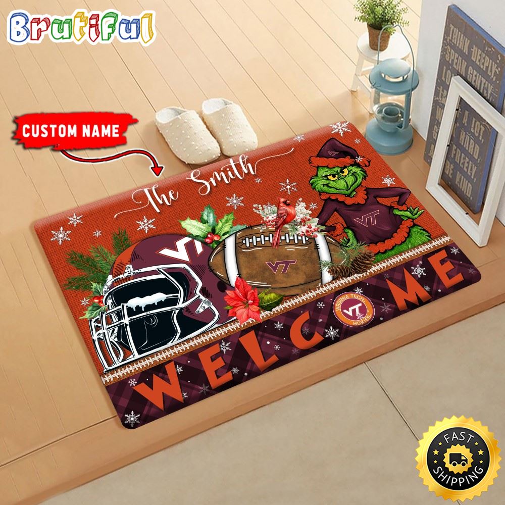 NCAA Virginia Tech Hokies Doormat Grinch Christmas Welcome Custom Name Football Doormat