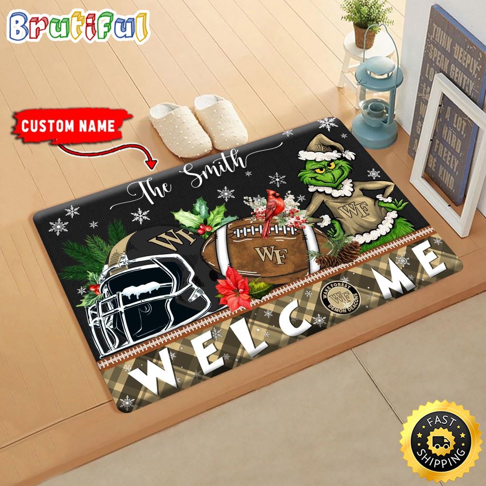 NCAA Wake Forest Demon Deacons Doormat Grinch Christmas Welcome Custom Name Football Doormat