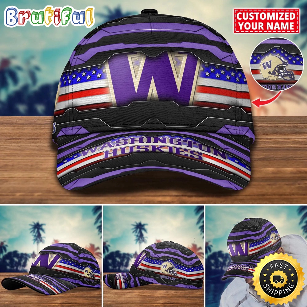 NCAA Washington Huskies Baseball Cap Flag Custom Name Cap