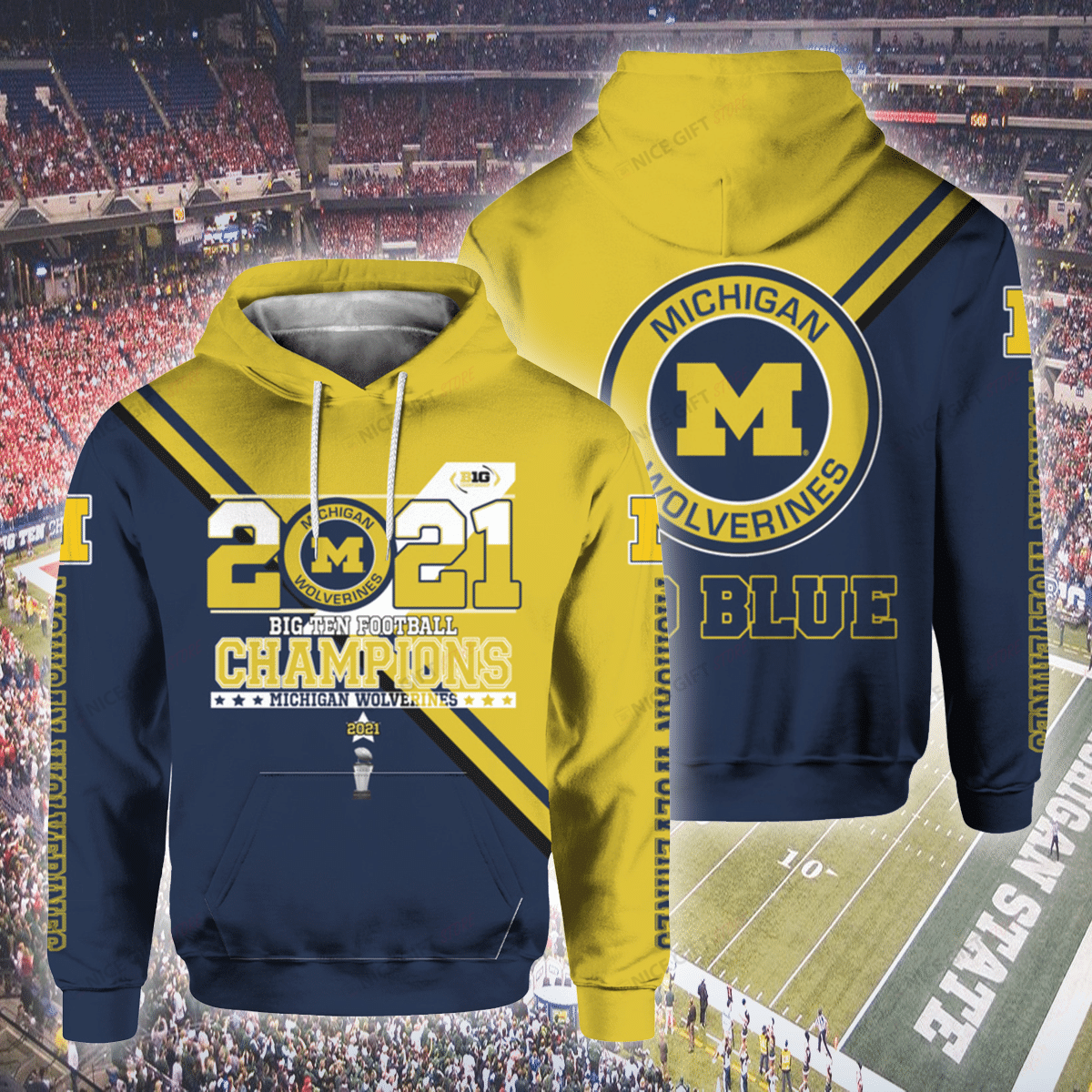 NCAAF Michigan Wolverines 2021 Big Ten Football Champions Go BLue 3D Hoodie Gift For Fans