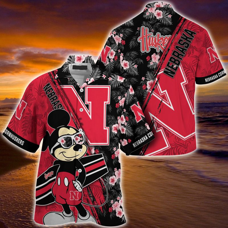 Nebraska Cornhuskers NCAA Summer Hawaiian Shirt Mickey And Floral Pattern