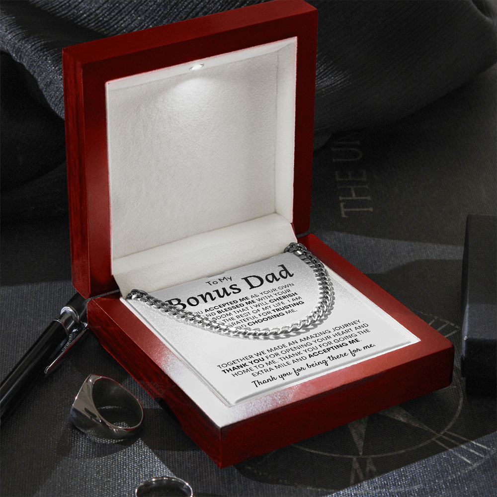 Necklace for My Bonus Dad – I am so Grateful for Trusting and Choosing Me, Father’s Day Gift for Dad, Cuban Link Chain Necklace