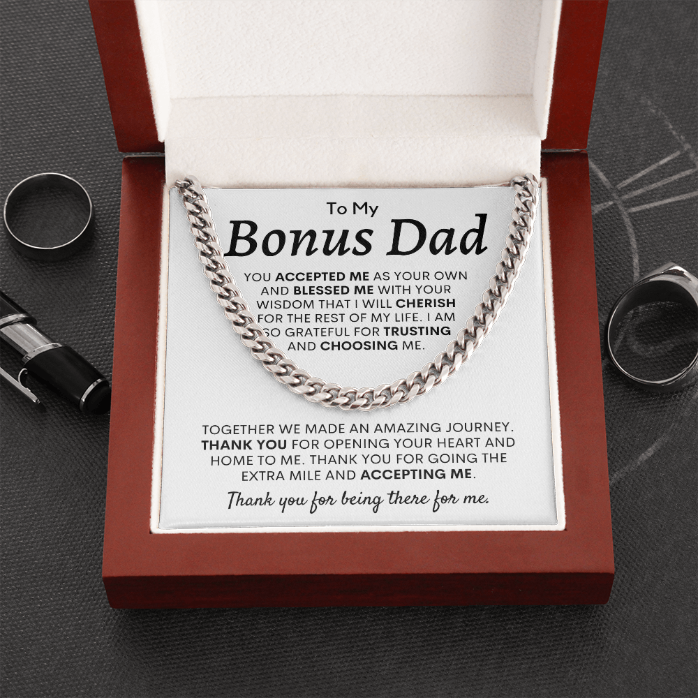 Necklace for My Bonus Dad – I am so Grateful for Trusting and Choosing Me, Father’s Day Gift for Dad, Cuban Link Chain Necklace