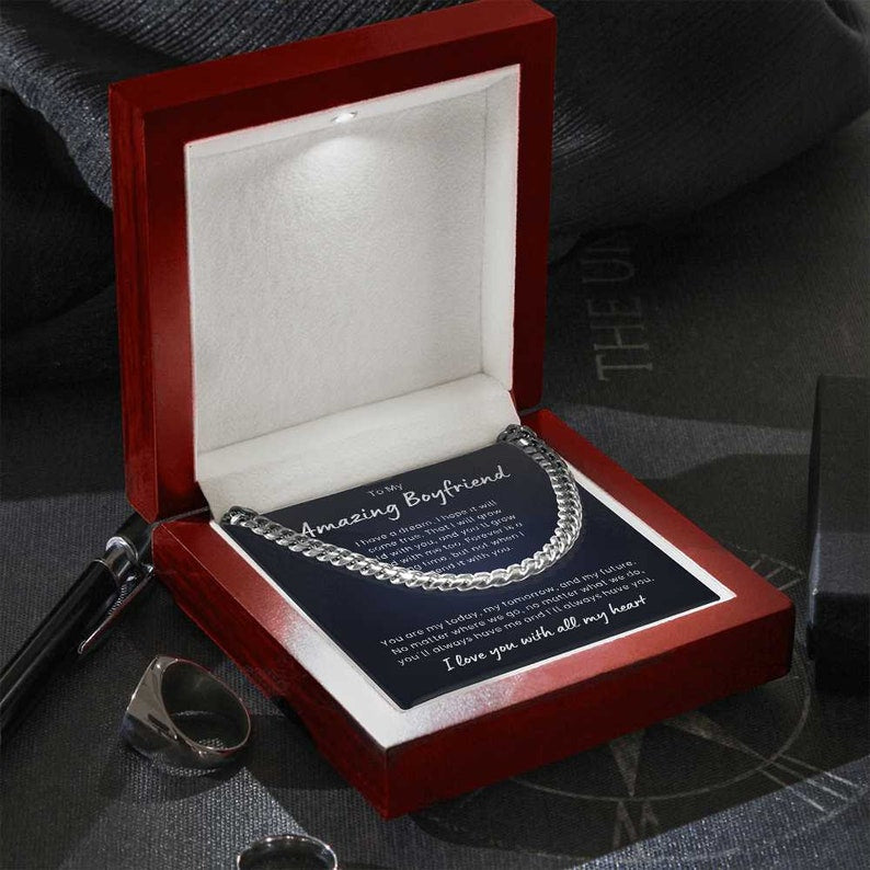 Necklace To My Amazing Boyfriend I Love You With All My Heart, Anniversary, Gift Idea For Girlfriend, Cuban Link Chain Gift for Him