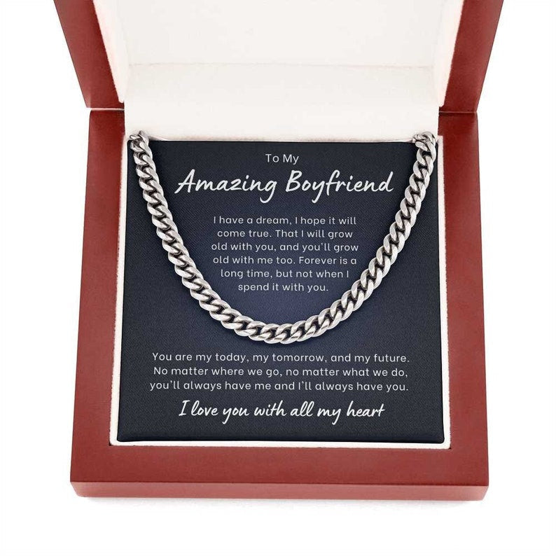 Necklace To My Amazing Boyfriend I Love You With All My Heart, Anniversary, Gift Idea For Girlfriend, Cuban Link Chain Gift for Him
