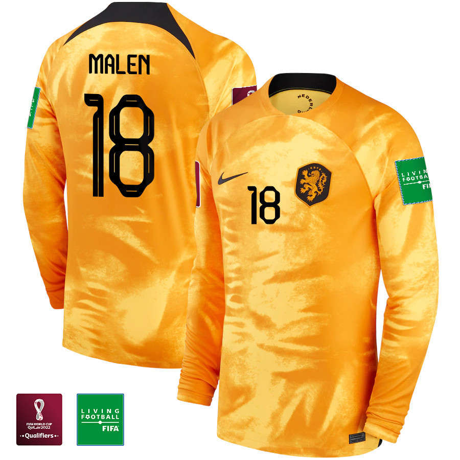 Netherlands National Team FIFA World Cup Qatar 2022 Patch Donyell Malen 18 – Men Home Long Sleeve Soccer Jersey
