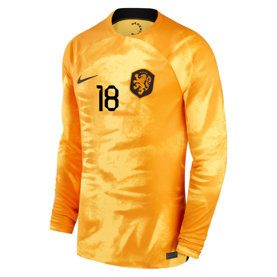 Netherlands National Team FIFA World Cup Qatar 2022 Patch Donyell Malen 18 – Men Home Long Sleeve Soccer Jersey Netherlands National Team FIFA World Cup Qatar 2022 Patch Donyell Malen 18 – Men Home Long Sleeve Soccer Jersey
