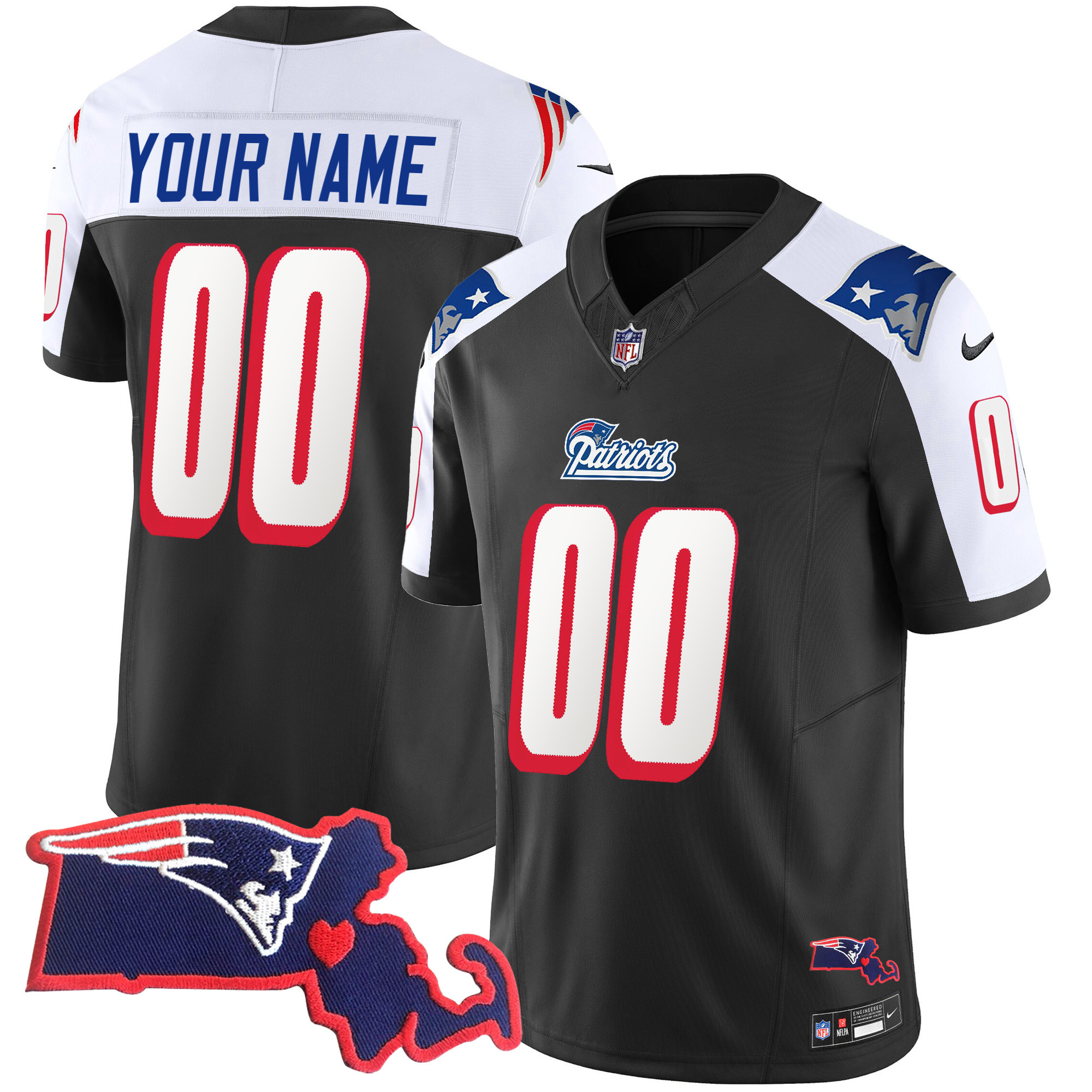 New England Patriots 1996 Throwback State Patch Vapor Custom Black Alternate Jersey - All Stitched 