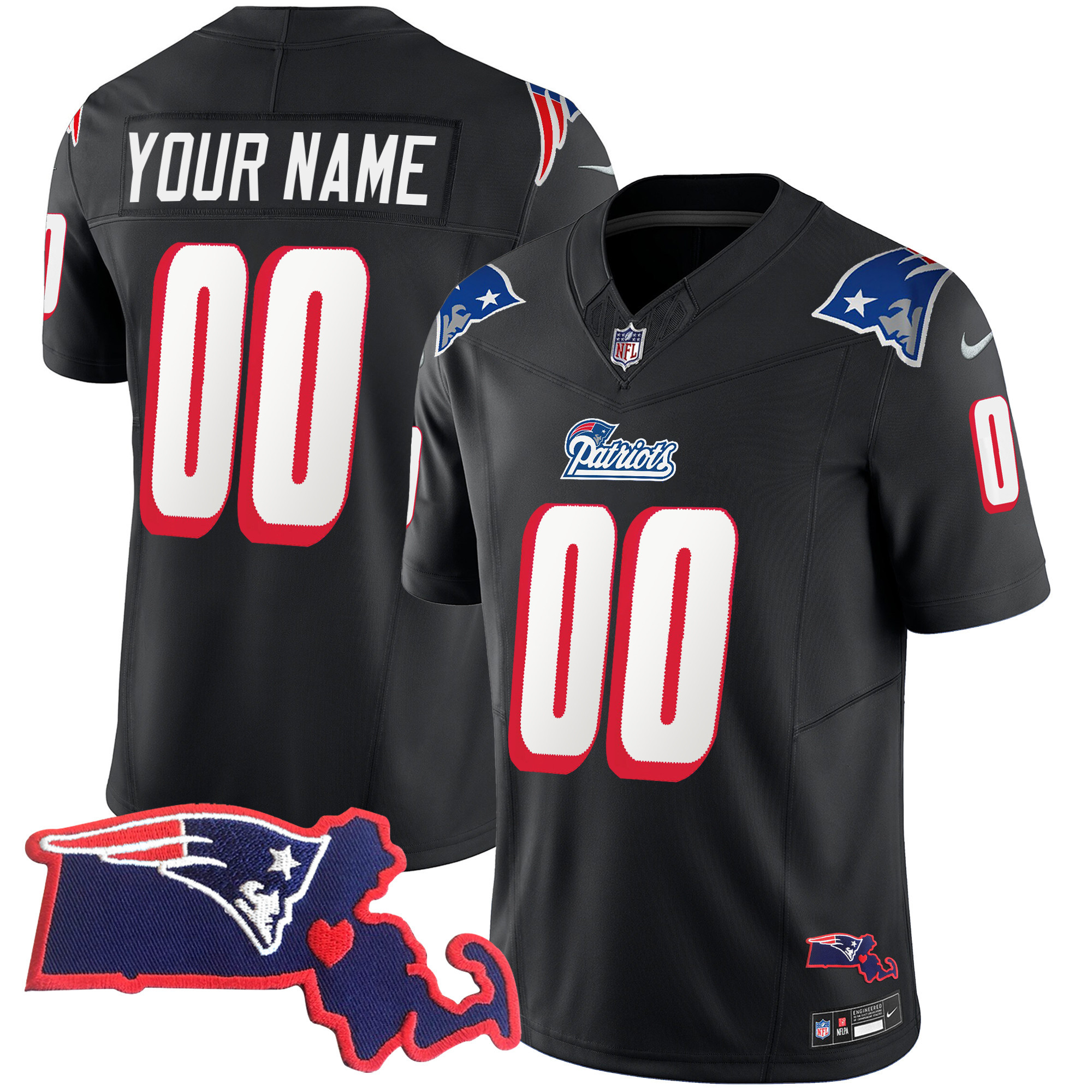 New England Patriots 1996 Throwback State Patch Vapor Custom Black Jersey - All Stitched 