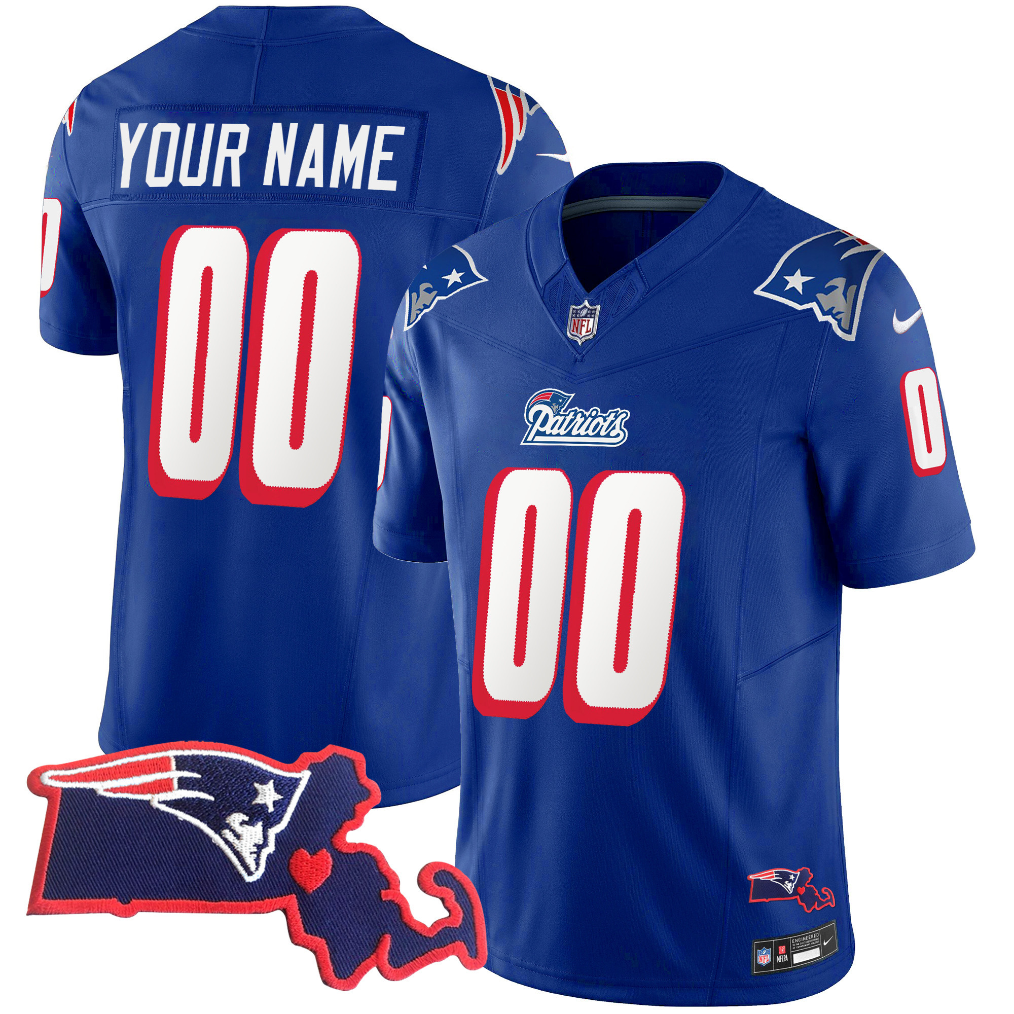 New England Patriots 1996 Throwback State Patch Vapor Custom Royal Jersey - All Stitched 