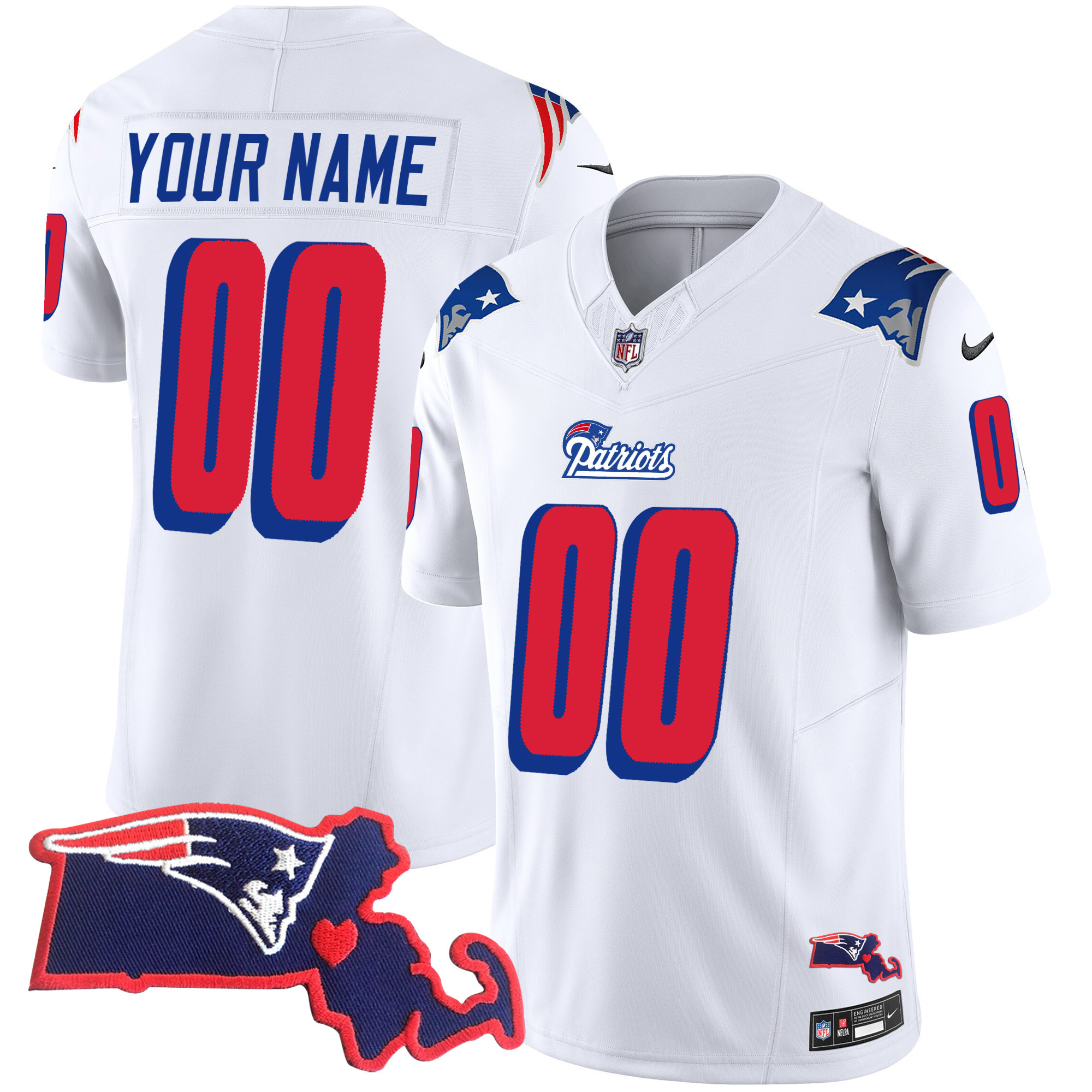 New England Patriots 1996 Throwback State Patch Vapor Custom White Jersey - All Stitched 